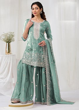 Sea Green Crush Georgette Embroidered Sequins Sharara Suit