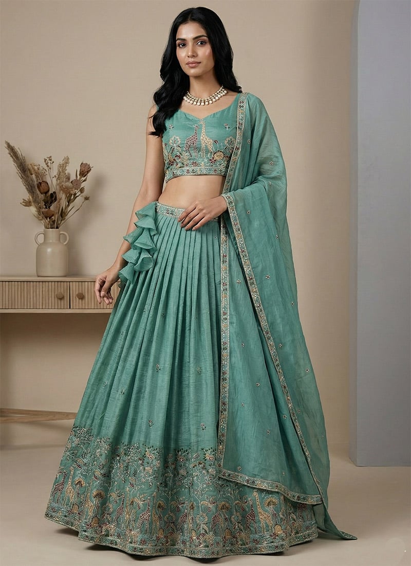 Sea Green Crush Silk Sequins Embroidered Umbrella Lehenga Wedding Wear