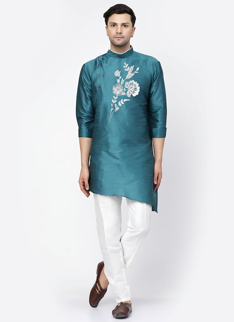 Sea Green Dupion Embroidered Kurta Pyjama Festive Wear