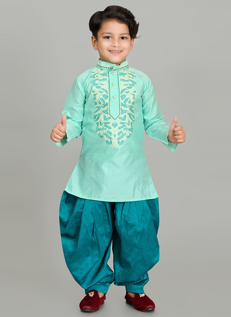 Sea Green Embroidered Dupion Silk Kids Dhoti Style Kurta Pyjama  Festive Wear