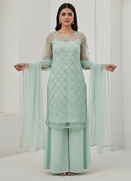 Sea Green Embroidered Net Palazzo Suit