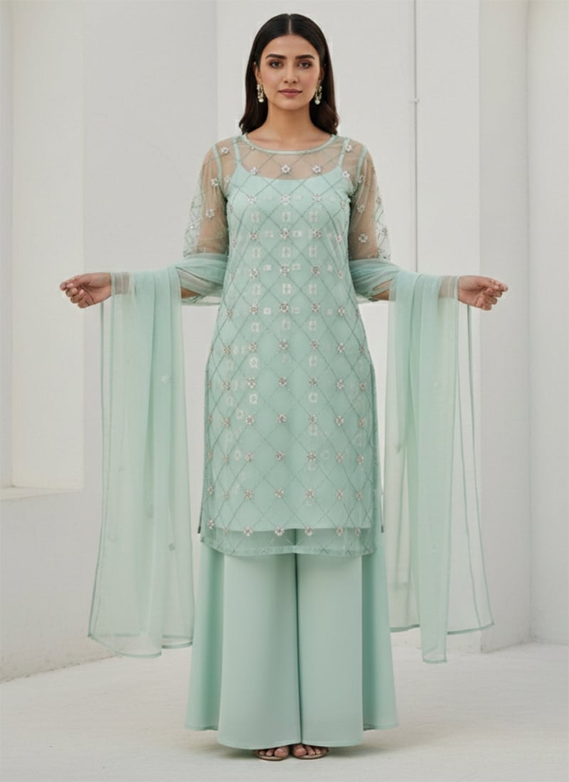 Sea Green Embroidered Net Palazzo Suit Festive Wear