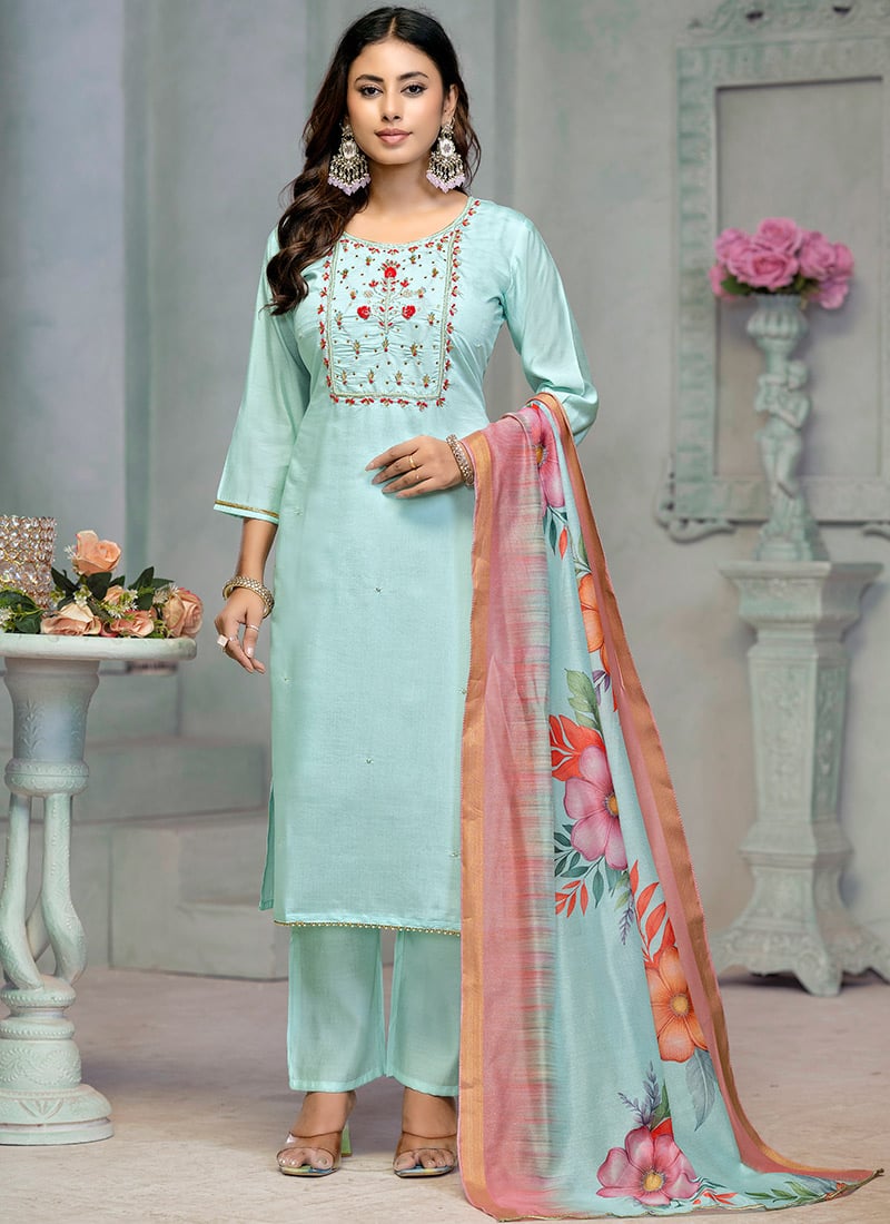 Sea Green Embroidered Roman Cotton Straight Pant Suit With Digital Print Dupatta Festive Wear