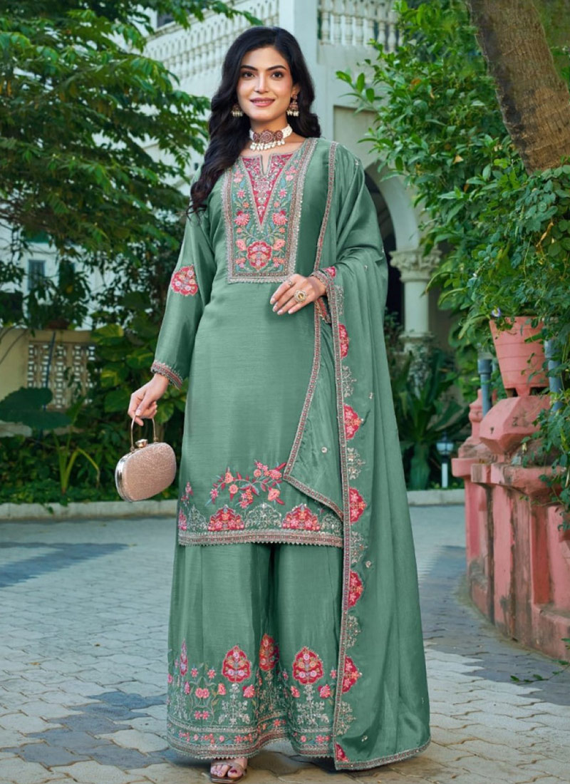 Sea Green Embroidered Sequins Silk Palazzo Suit Festive Wear