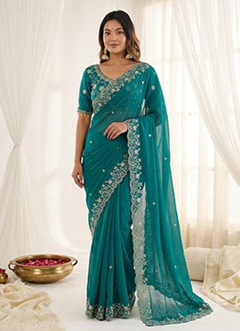 Sea Green Fandy Silk Embroidered Sequins Saree