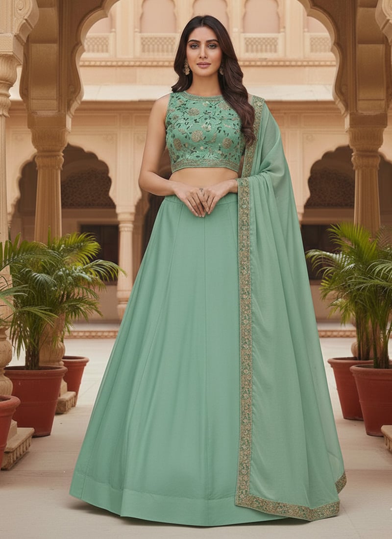 Sea Green Faux Georgette Embroidered Lehenga Festive Wear