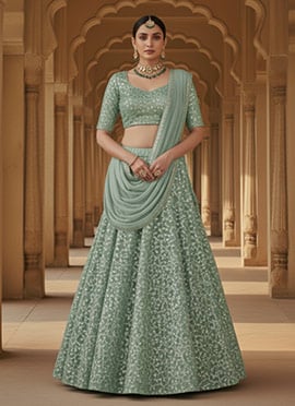 Sea Green Faux Georgette Embroidered Sequins Lehenga