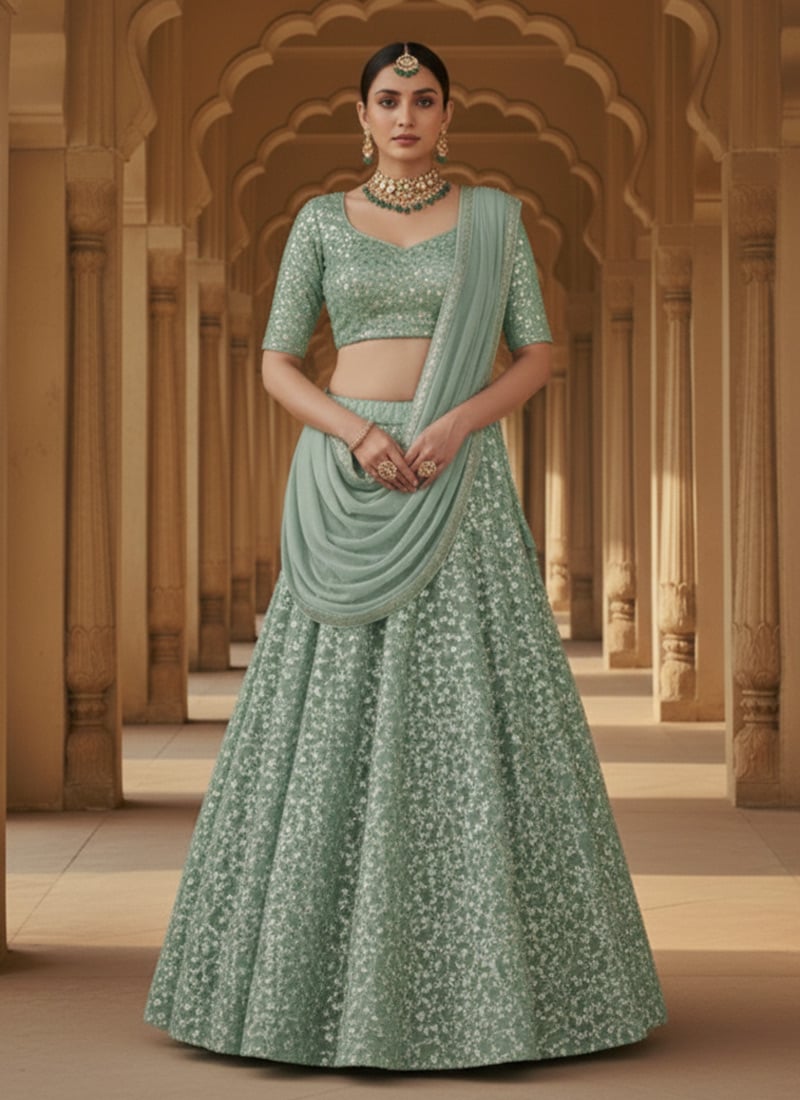 Sea Green Faux Georgette Embroidered Sequins Lehenga Festive Wear
