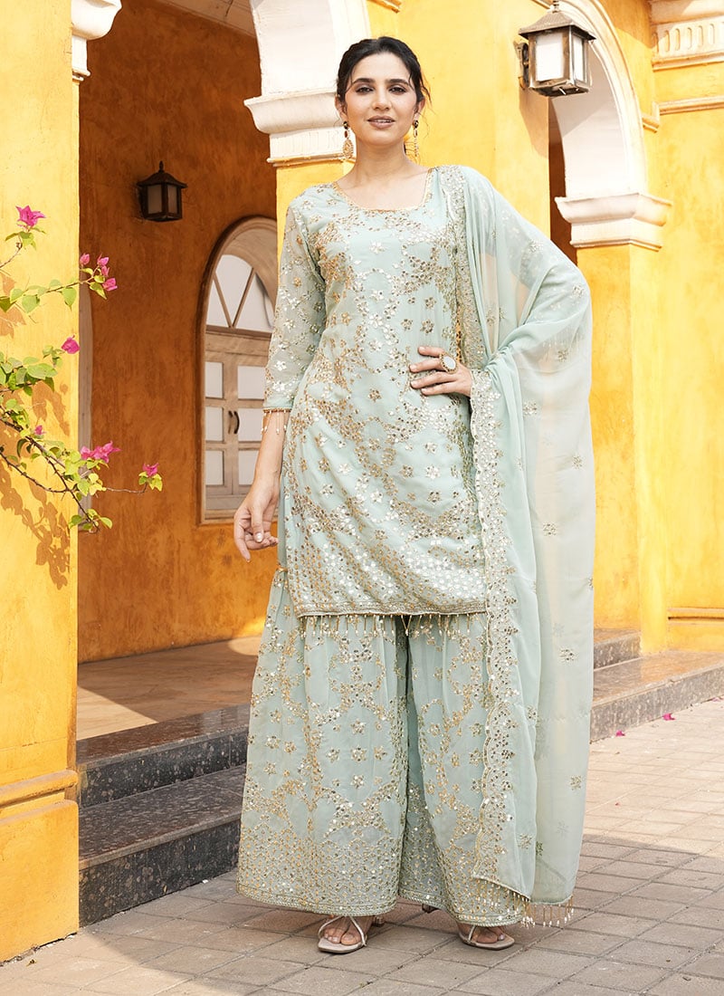 Sea Green Faux Georgette Embroidered Sequins Sharara Suit Festive Wear