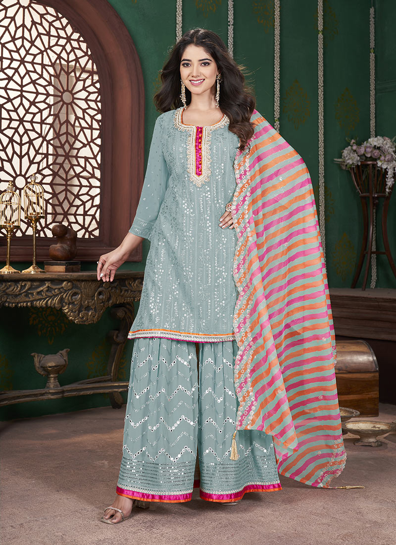 Sea Green Faux Georgette Embroidered Sequins Sharara Suit Festive Wear