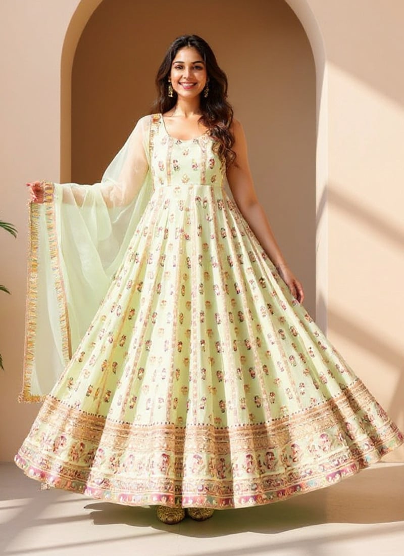 Sea Green Faux Georgette Zari Embroidered Sequins Anarkali Suit Festive Wear