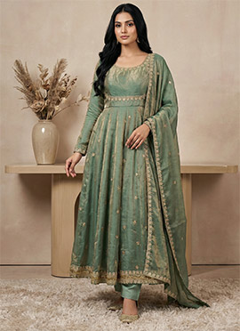 Sea Green Fendy Silk Embroidered Sequin Anarkali Suit