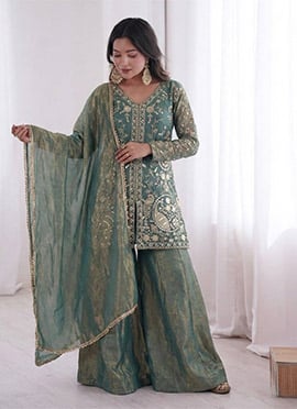 Sea Green Fendy Silk Embroidered Sequins Palazzo Suit