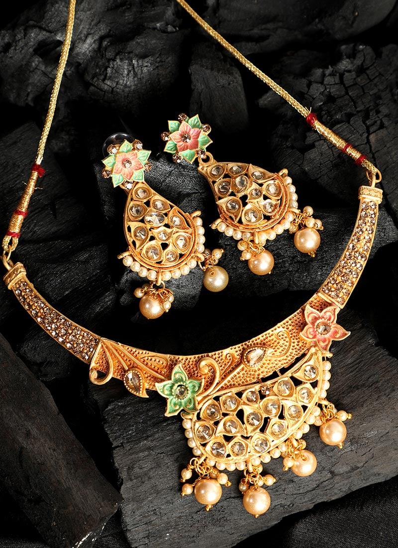 Sea Green Floral Kundan Pearl Gold Plated Necklace Set