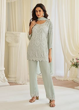 Sea Green Georgette Embroidered Sequins Beads Straight Pant Suit