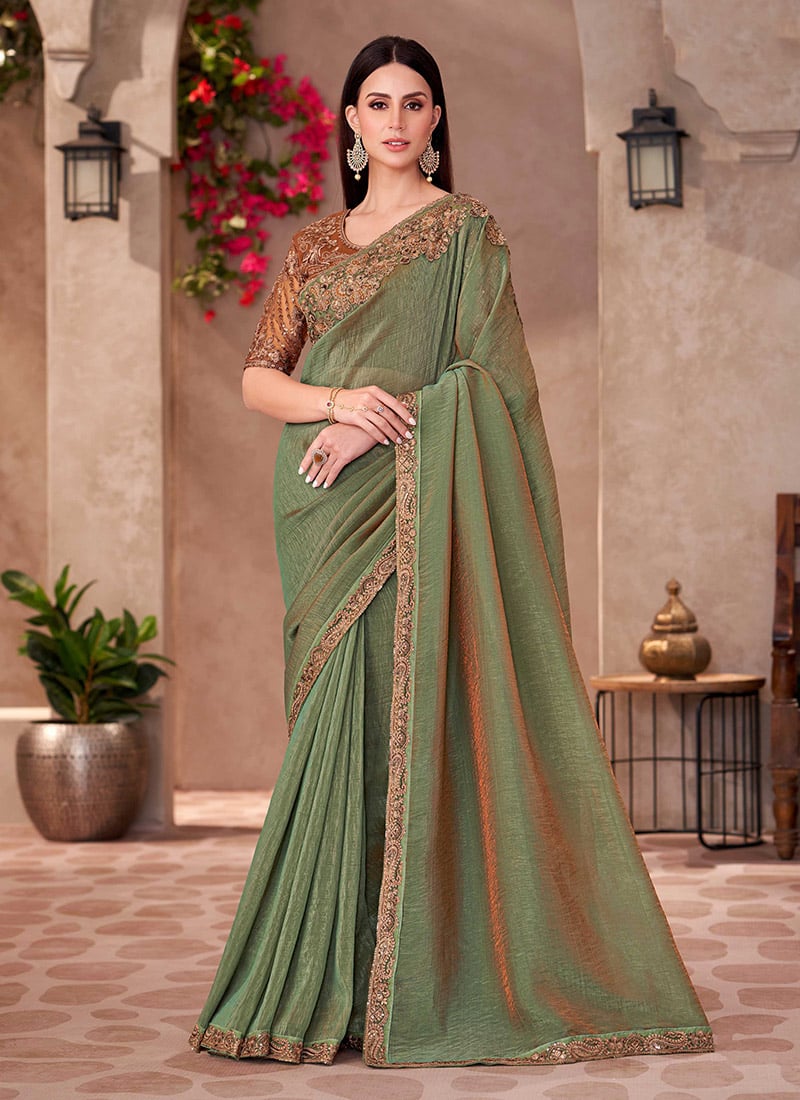Sea Green Georgette Embroidered Sequins Cut Work Saree