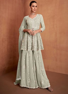 Sea Green Georgette Embroidered Sequins Mirror Work High Slit Sharara Suit