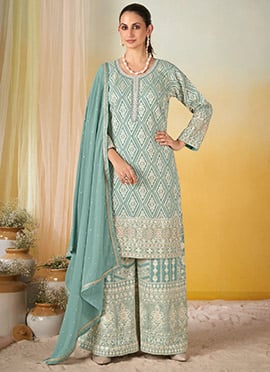 Sea Green Georgette Embroidered Sequins Mirror Work Thread Palazzo Suit