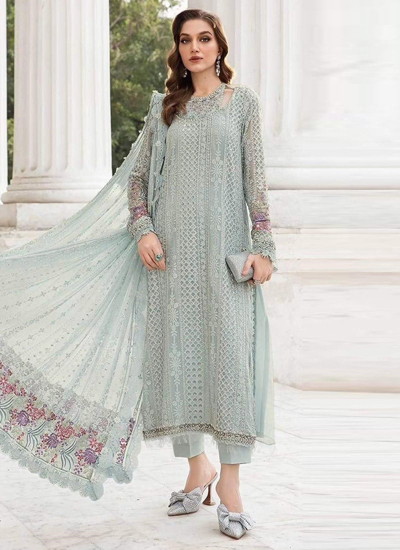 Sea Green Georgette Embroidered Sequins Straight Pant Suit After Six Wear