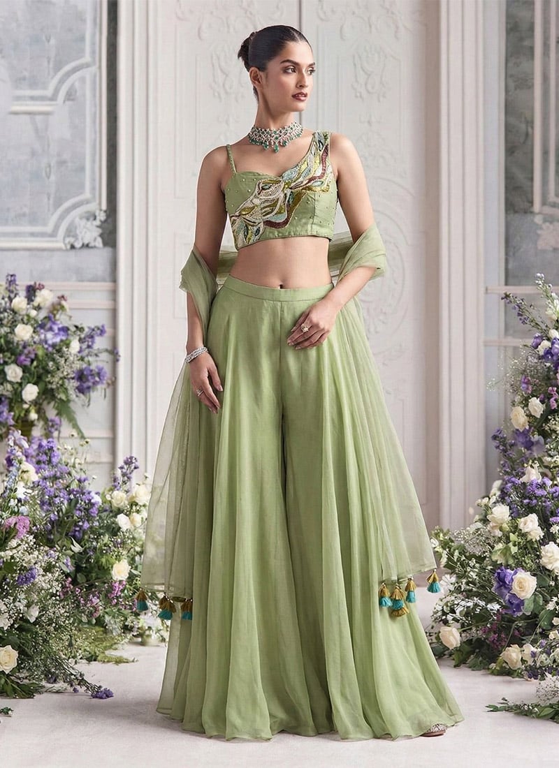Sea Green Georgette Embroidered sequins With Beads Indowestern Palazzo Set  Wedding Wear