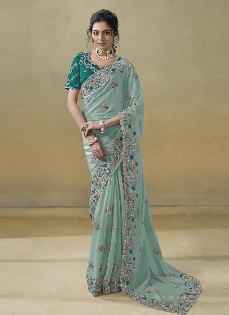 Sea Green Georgette Embroidered Stones And Zari Saree Wedding Wear