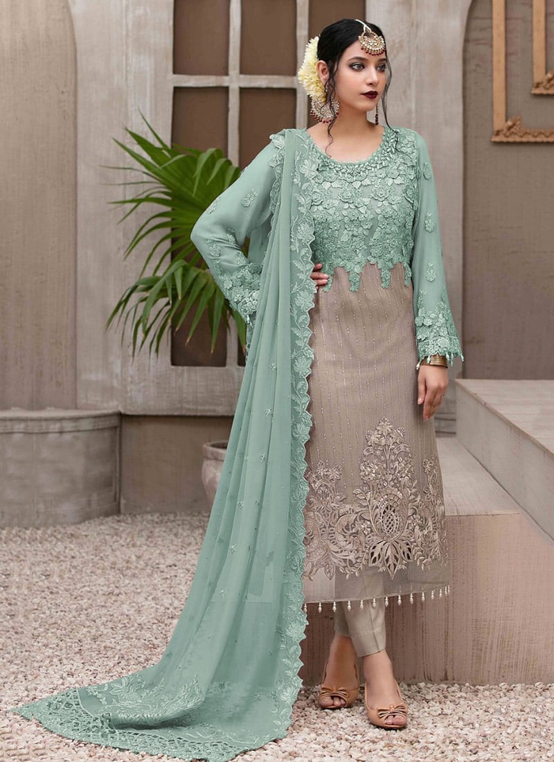 Sea Green Georgette Embroidery Straight Pant Suit Party Wear