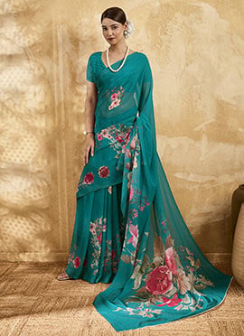 Sea Green Georgette Floral Printed Saree