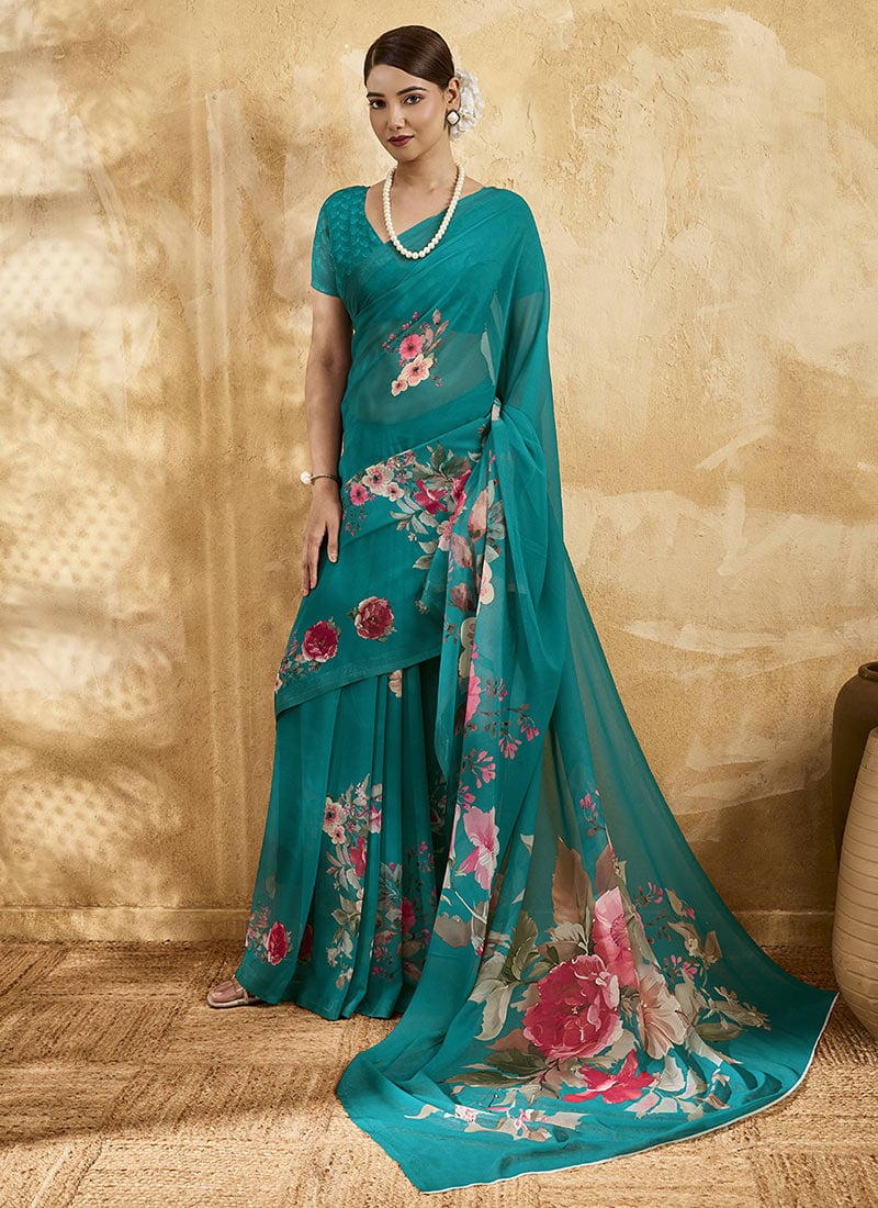 Sea Green Georgette Floral Printed Saree After Six Wear