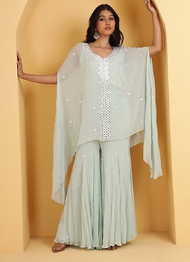 Sea Green Georgette Foil Mirror Work Kaftan Set