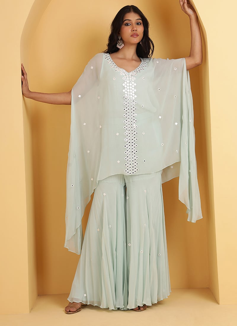 Sea Green Georgette Foil Mirror Work Kaftan Set Festive Wear
