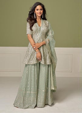 Sea Green Georgette Hand Embroidered Palazzo Suit