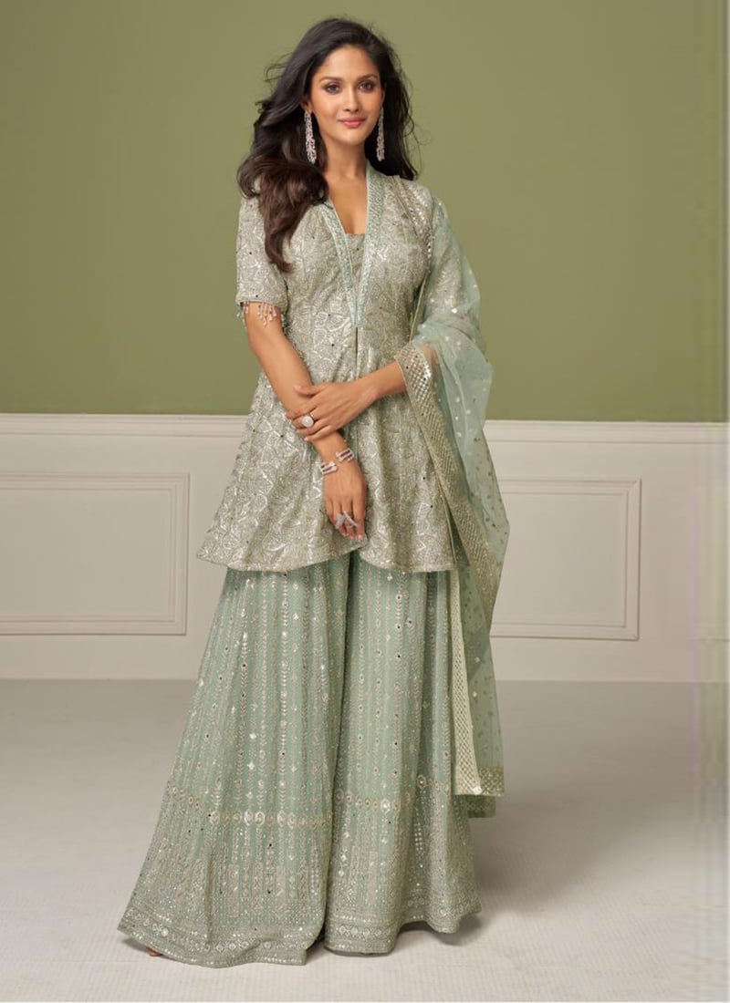 Sea Green Georgette Hand Embroidered Palazzo Suit After Six Wear