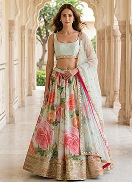 Sea Green Georgette Sequins Embroidered Digital Print Mirror Work Lehenga