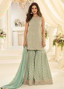 Sea Green Georgette Zari Embroidered Sequins With Stone Sharara Suit