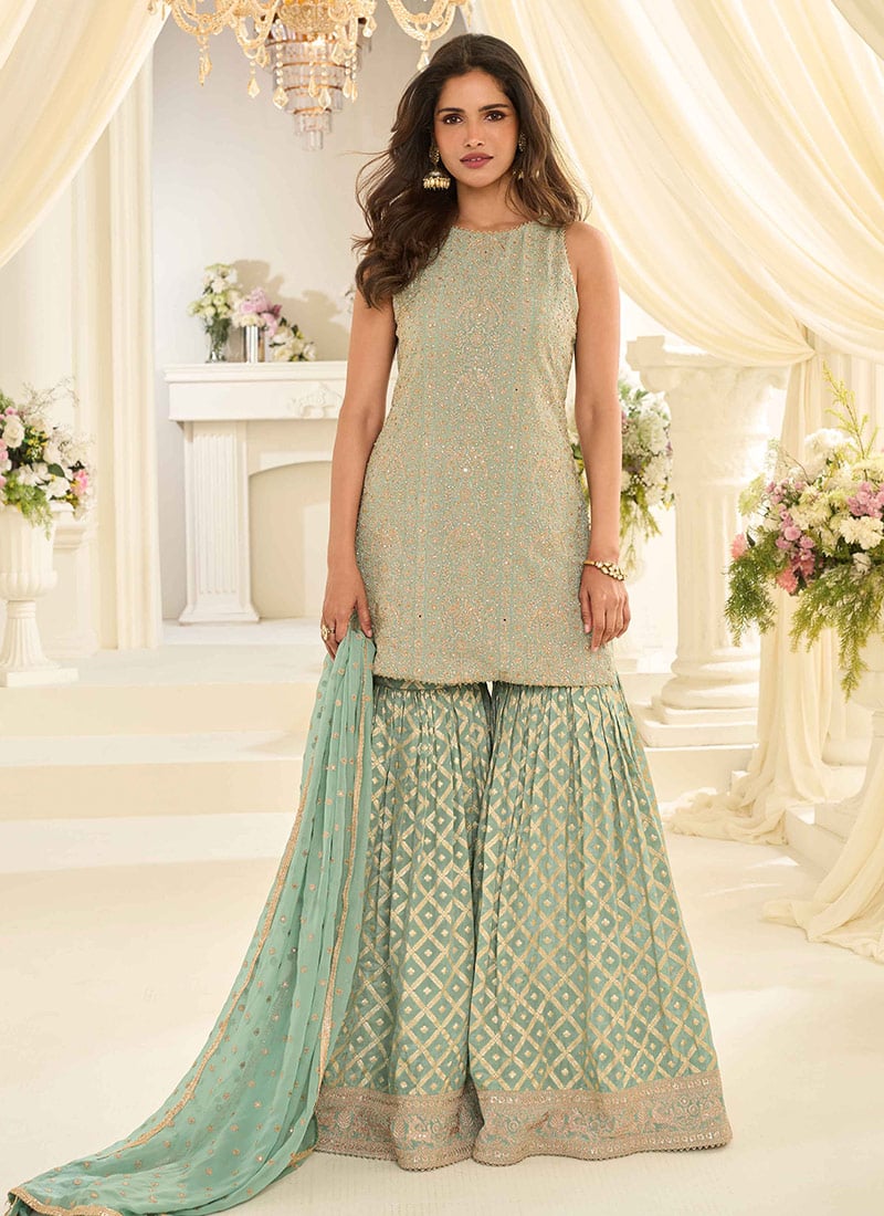 Sea Green Georgette Zari Embroidered Sequins With Stone Sharara Suit Festive Wear