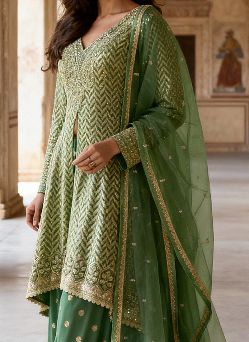 Sequins Work Palazzo Style Suit For Ceremonial In Sea Green main image 0