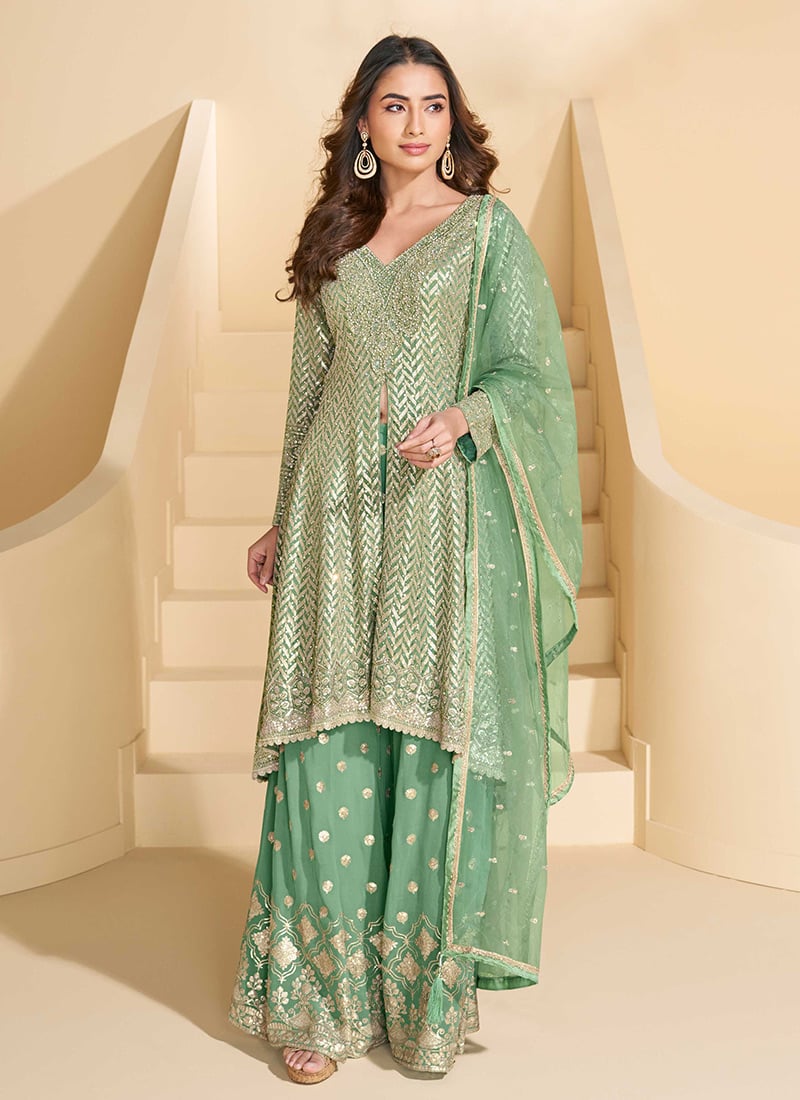 Sea Green Georgette Zari Sequins Stone Work High Slit Palazzo Suit Wedding Wear