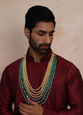 Sea Green Gold Plated Pearl LayeredNecklace For Men
