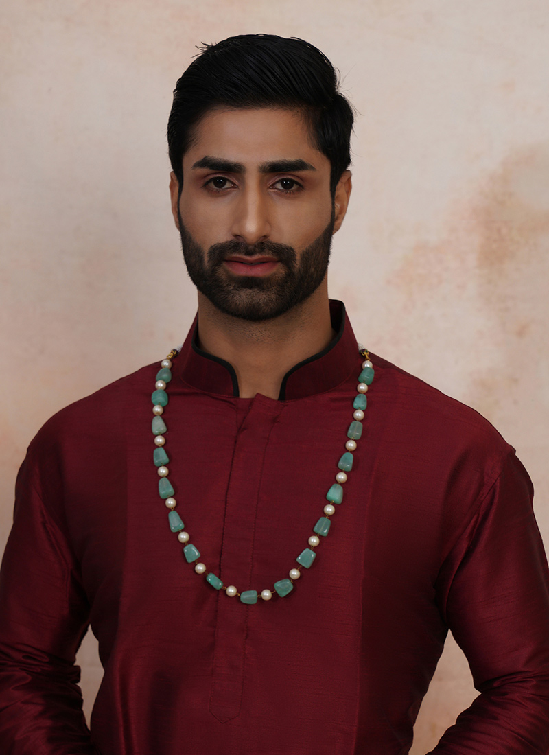 Sea Green Gold Plated Pearl Necklace For Men