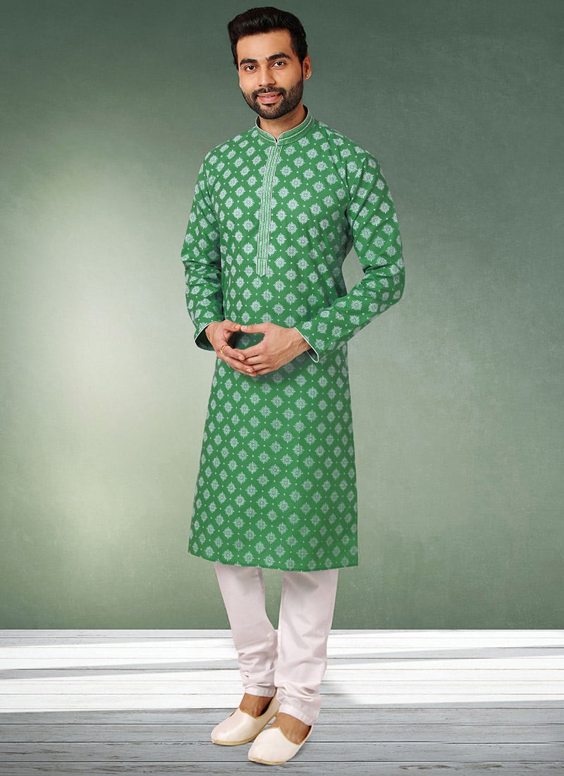 Sea Green Handloom Cotton Printed Kurta Pyjama
