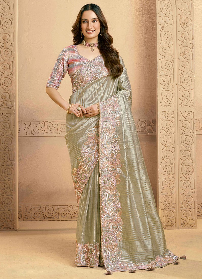 Sea Green Handloom Zari Tissue Sequins Stones Embroidered Saree Wedding Wear