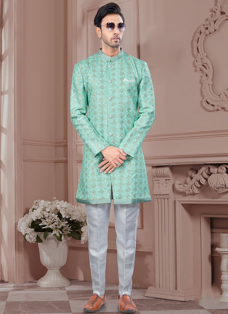Sea Green Imported Silk Embroidered Sequins Indowestern Sherwani Festive Wear