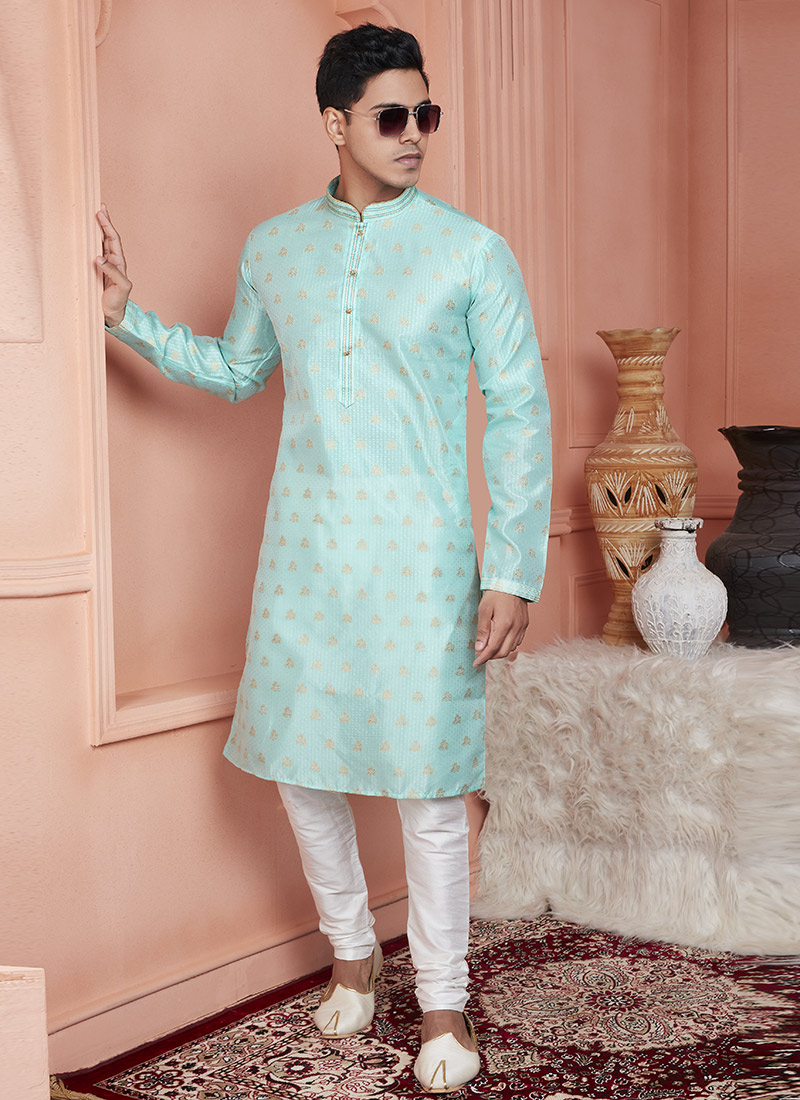 Sea Green Jacquard Banarasi Silk Zari Work Kurta Pyjama For Men Festive Wear