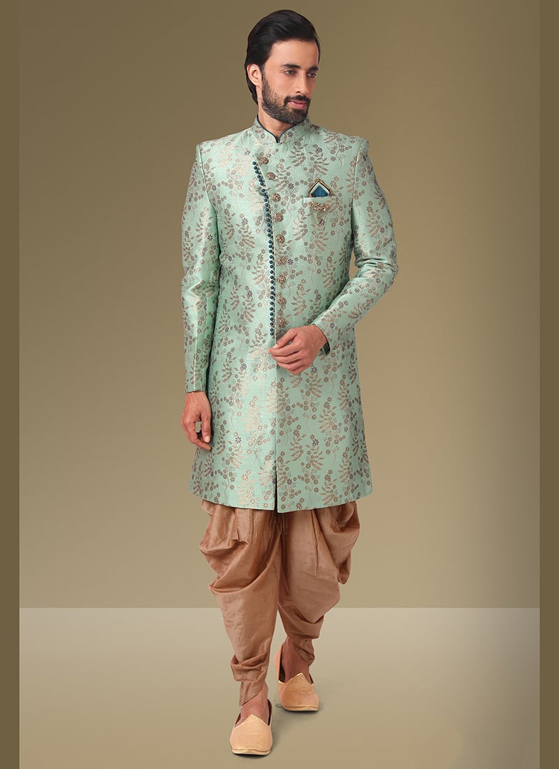 Sea Green Jacquard Silk Brocade Classic Sherwani Wedding Wear