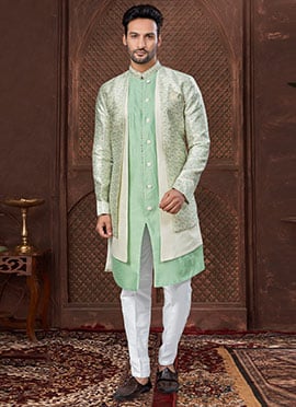 Sea Green Jacquard Silk Digital Print Embroidered Sequins Indowestern Sherwani