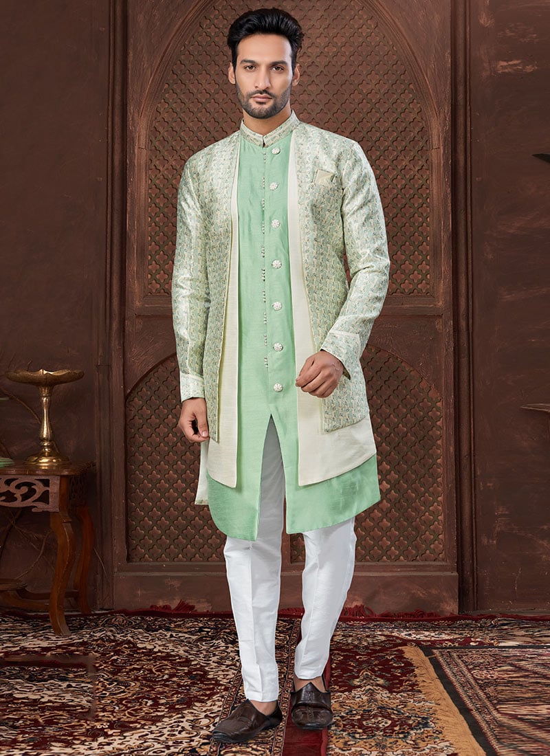 Sea Green Jacquard Silk Digital Print Embroidered Sequins Indowestern Sherwani Wedding Wear