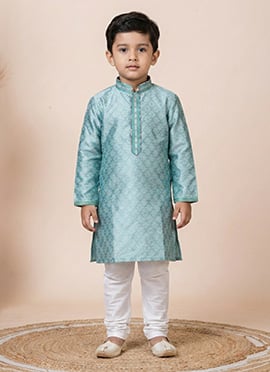 Sea Green Jacquard Silk Kids Boys Kurta Pyjama