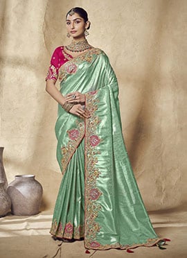 Sea Green Jacquard Silk Sequins Zari Embroidered Saree