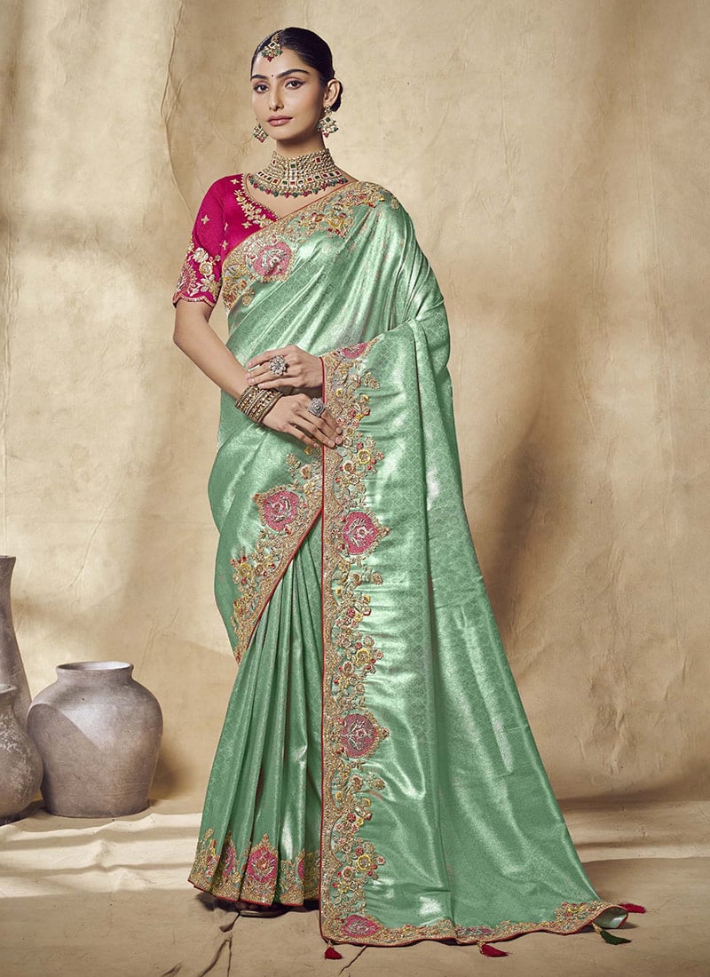 Sea Green Jacquard Silk Sequins Zari Embroidered Saree Wedding Wear