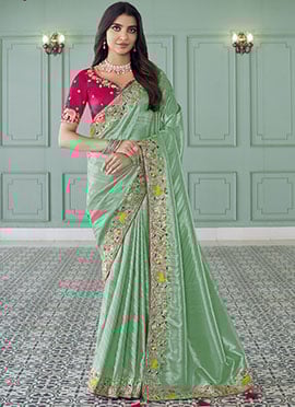 Sea Green Jacquard Silk Sequins Zari Stones Thread Coding Embroidered Saree
